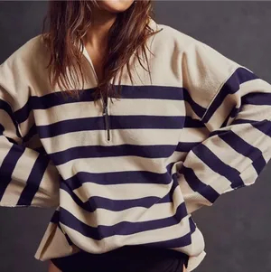Free People Coastal Stripe Pullover in Champagne Navy - Blue Combo - Small thumbnail 1