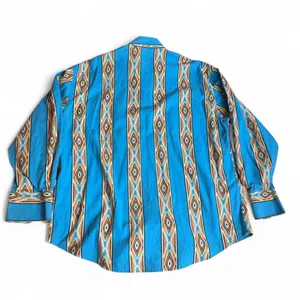 Wrangler Vintage Aztec Brushpopper Navajo Western Cowboy Shirt Turquoise Blue Pearl Snap Rodeo 90s Men XL - measurement in pics thumbnail 6