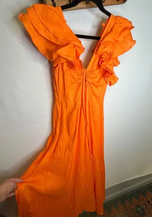 VTCH Vicky Tcherassi Orange Linen Ruffle V-Neck Midi Dress Made in Colombia S thumbnail 1