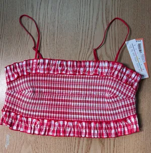 New Womens Colsie Checkered Daisy Duke Tube Top Shelf Bra Cotton Red White Small thumbnail 1