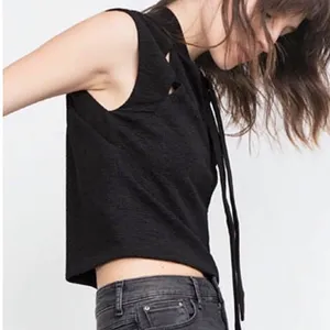 Zara Slit Front Cap Sleeve Cropped Tie Neck Top Black Size Small 5410/234/800 thumbnail 2