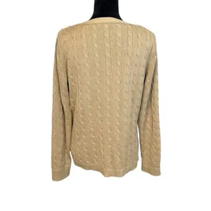 Lauren Ralph Lauren Camel Cable Knit Sweater Gold Buttons XL Boat Neck Old Money thumbnail 5