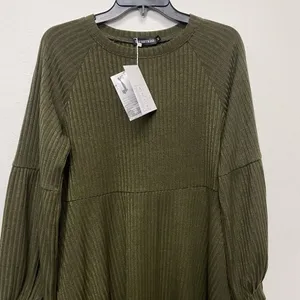 Women's Long Sleeve Medium Olive‎ Green Midi Sweater Dress Ribbed High Waist thumbnail 13