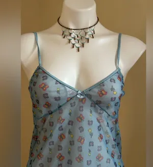 Peeping Tom Sheer Blue Floral & Butterfly Intimate Nightgown Elastic Straps Sz S thumbnail 2