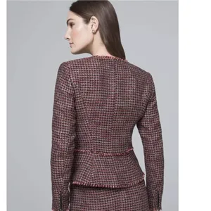 NWOT White House Black Market Red Black Tweed Fringe Moto Style Blazer thumbnail 4