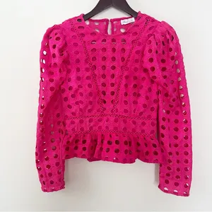 Lovers + Friends Hot Pink Puff Sleeve Peplum Top Cut Out Eyelet Size Small thumbnail 3