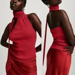 Reformation | Allegra Cotton Halter Scarf Knit Sweater Tank Sun-Dried Tomato Red thumbnail 3