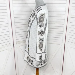 Zara Boho Embroidered Textured Cotton Tunic Shift Mini Dress White Tan Black XS‎ thumbnail 3