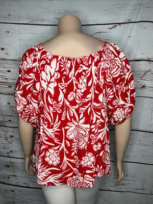 Knox Rose Size XXL Red & Off White Floral Print Off the Shoulder Blouse Top thumbnail 4