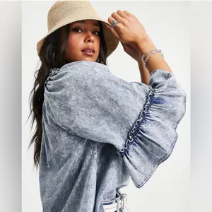 Free People Ainsley Denim Top in Indigo Wash Size Large thumbnail 7