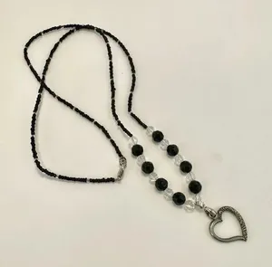 Silver tone and black beaded heart pendant necklace thumbnail 1