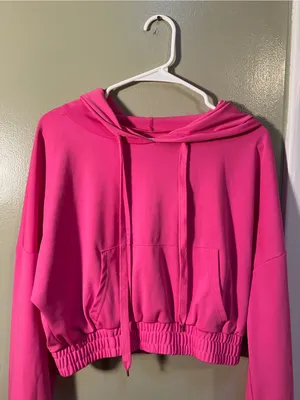 Womens Size XL Cropped Hoodie Bright Pink Banded Hem Long Sleeve Kangaroo Pocket thumbnail 2