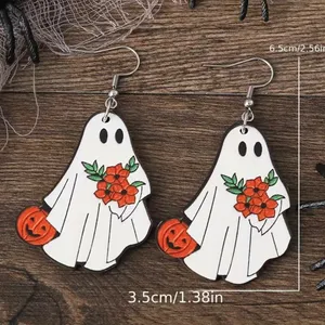 White Ghost Pumpkin Pattern Dangle Halloween Earrings‎ Wooden Jewelry thumbnail 11