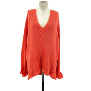 Free People La Brea Sweater V-Neck Ribbed Cuffed‎ Sleeve Coral Orange Size Large thumbnail 3