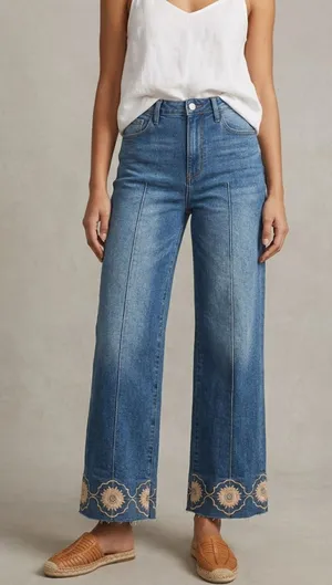 Driftwood Margo Floral Embroidered Wide Leg Seam Jeans Medium Wash Denim 34/29 thumbnail 1