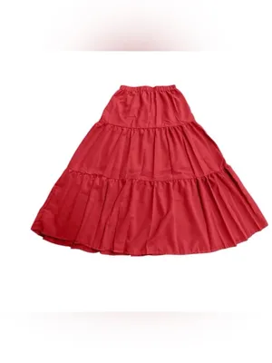 Tiered Pockets Solid Red Color High Waist Flowy Boho Mid Skirt M thumbnail 2