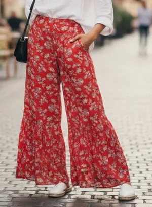 Red Floral Wide Leg Boho Y2K Cottage Pull On Straight Leg Flowy Pants Medium thumbnail 1