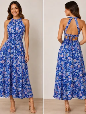 Abel the Label Bluebell Floral Halter Tie Back Full Skirt Maxi Dress XSmall thumbnail 2