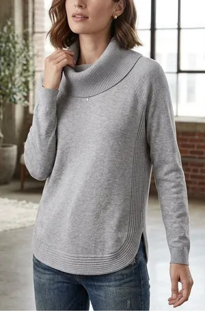 Light Gray Cowl Neck Sweater with Ribbed Paneling - Lety & Me thumbnail 1