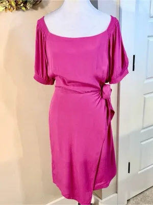 💥NWT Maeve Anthropologie Raspberry Pink Wrap Tie Waist Puff Sleeve Dress 14💛 thumbnail 3