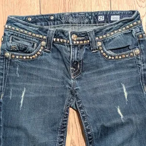 MISS ME Skinny Straight Jeans‎ Womens 25 BLING Studs Rhinestones Crystals Frayed thumbnail 3