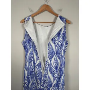 Magaschoni Linen Midi Dress Women 10 Blue White Coastal Cutout Resortwear thumbnail 7