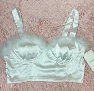 Meraki White Satin Feather Trim Crop Top Size S Bustier Corset Style Adjustable thumbnail 1
