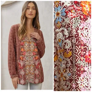Savanna Jane Embroidered Blouse Tunic Top Medium Rayon Boho thumbnail 2