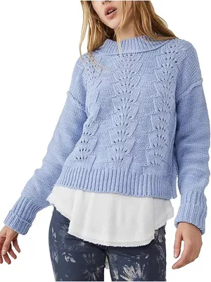 Free People Bell Song Texture-Knit Sweater Vintage Blue Periwinkle Medium thumbnail 1