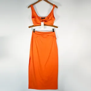 Hey Samy Tessa Orange Cropped Top Midi Bodycon Two Piece Skirt Set Womens L NWT thumbnail 2