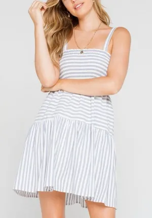 NWT Lumière x Urban Outfitters Blue Stripe Smocked Linen Mini Dress Size Small thumbnail 1