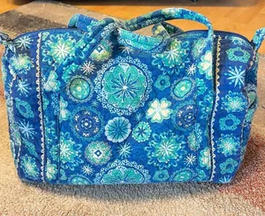 Quilted Fabric Overnight Weekend Duffle Bag Carry On Blue Yellow Floral Zip thumbnail 2