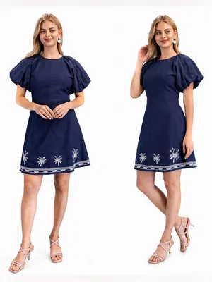 GIGIO Palm Tree Embroidered Linen Mini Dress Bubble Sleeve Medium thumbnail 2