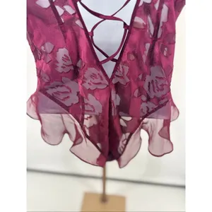 Vintage Victorias Secret Satin Teddy Lingerie Gold Label Maroon Floral Size M thumbnail 8