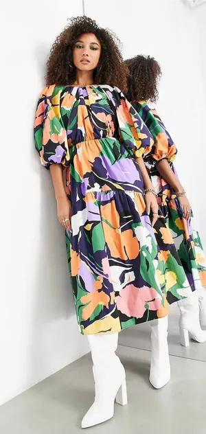 ASOS EDITION Abstract Print Puff Sleeve Midi Dress Sz.0 NWT thumbnail 1
