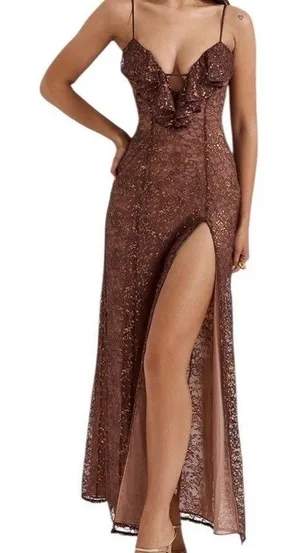 NEW House Of CB Dress Luciana Metallic Brown Long Gown Dress Peppercorn Xs Vneck thumbnail 1