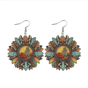 Sunflower shaped pendant drop‎ leopard pattern wooden hook earrings thumbnail 5
