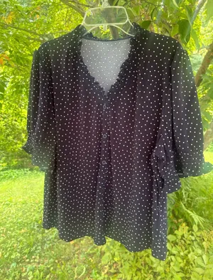 Adrianna Papell navy Blue with White Polka Dot Ruffle V-Neck Blouse thumbnail 1