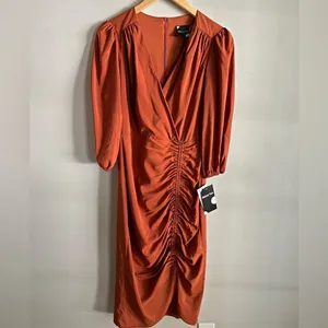 Rust Ruched Cocktail Midi Dress Puff Sleeve Wedding Guest Size 4 thumbnail 3