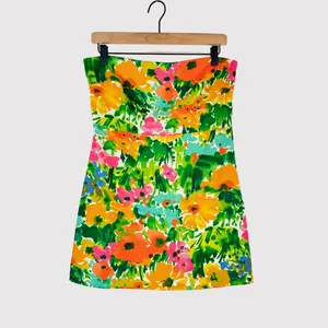 With Jean Womens Dress Green Lala Splice Floral Mini Strapless Tube Boho Large thumbnail 2