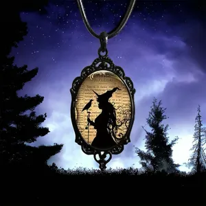 Witch And Raven Cameo Black Pendant, Vintage Style Gothic Crow Glass‎ Pendant thumbnail 3