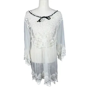 White Sheer Lace Tunic Womens M Mesh Crochet Bell Sleeve Fairycore thumbnail 3