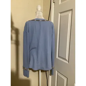 We The Free Free People Blue Waffle Knit Thermal Henley Embroidered Trim Top L thumbnail 4