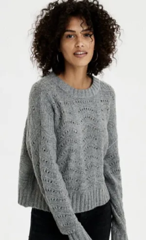 American Eagle Women's Size XS Pointelle Crew Neck Sweater Gray Open Knit‎ thumbnail 1