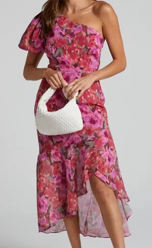 Showpo Floral One Shoulder Ruffle Midi Dress Pink NWT 14 thumbnail 1