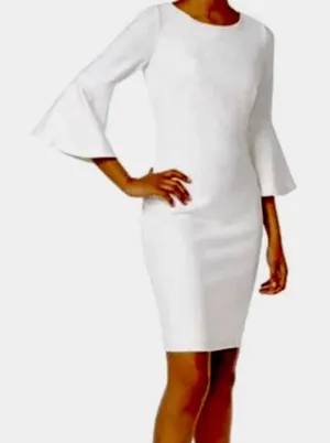 Calvin Klein White Bell Sleeve Gold Zipper Evening Sheath Dress 8‎ Cocktail thumbnail 1