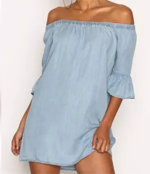 Forever 21+ Off-Shoulder Chambray Dress | Light Wash Denim Look | Size 1X | NWT thumbnail 1