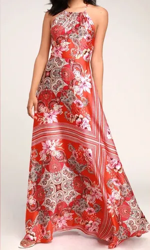 NWT Lulus Whirlwind Red Multi Scarf Print Satin Maxi Dress Size Small‎ thumbnail 1