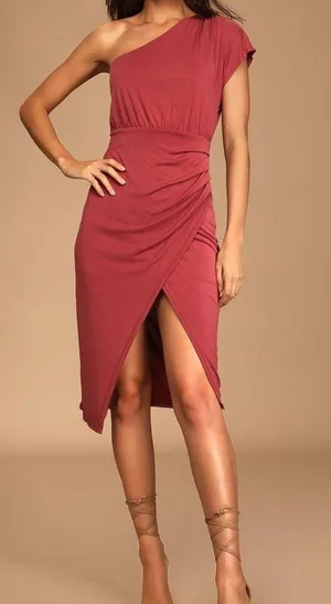 Lulus New Lulu’s Raise a Glass Rusty Rose One-Shoulder Midi Dress XS thumbnail 1
