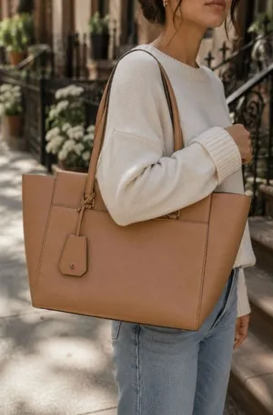 Tory Burch Parker Leather Tote Light Brown Quiet Luxury Minimalist thumbnail 1